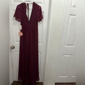 Show Me Your MuMu Wine Burgundy V‑Neck Flutter Sleeve Maxi Dress NWT